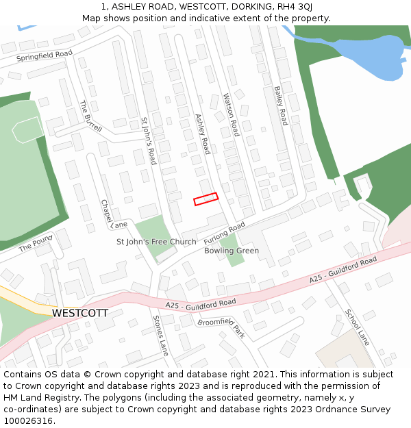 1, ASHLEY ROAD, WESTCOTT, DORKING, RH4 3QJ: Location map and indicative extent of plot