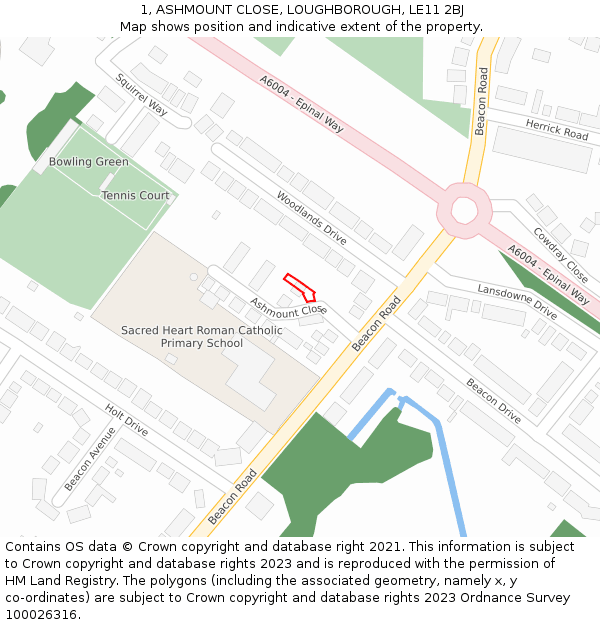 1, ASHMOUNT CLOSE, LOUGHBOROUGH, LE11 2BJ: Location map and indicative extent of plot