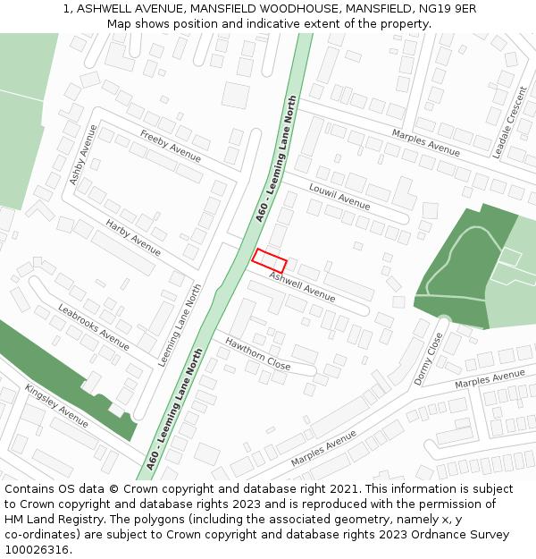 1, ASHWELL AVENUE, MANSFIELD WOODHOUSE, MANSFIELD, NG19 9ER: Location map and indicative extent of plot