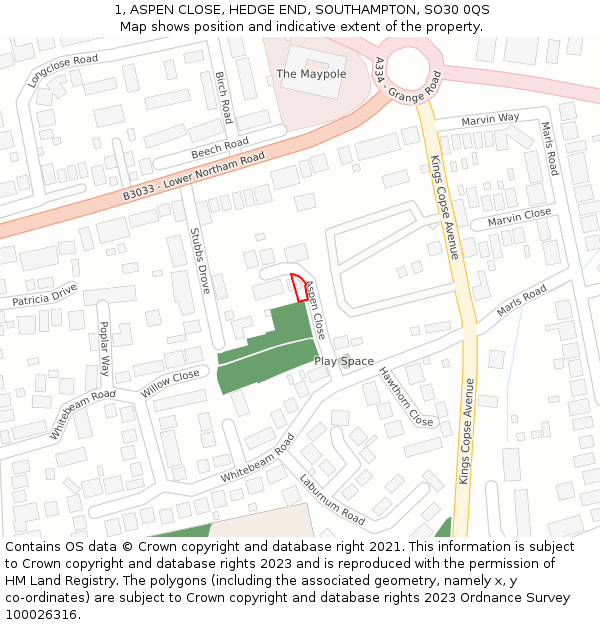 1, ASPEN CLOSE, HEDGE END, SOUTHAMPTON, SO30 0QS: Location map and indicative extent of plot