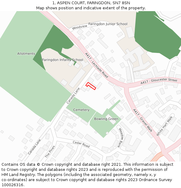 1, ASPEN COURT, FARINGDON, SN7 8SN: Location map and indicative extent of plot