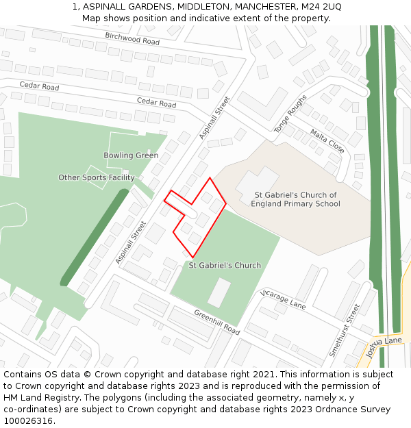 1, ASPINALL GARDENS, MIDDLETON, MANCHESTER, M24 2UQ: Location map and indicative extent of plot