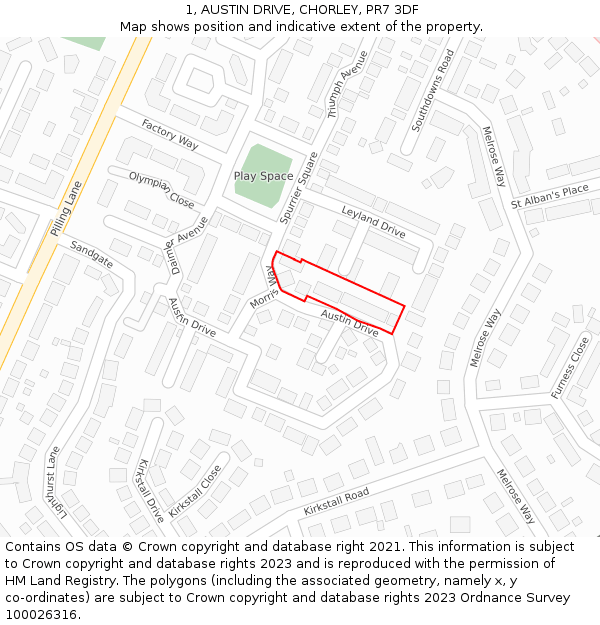 1, AUSTIN DRIVE, CHORLEY, PR7 3DF: Location map and indicative extent of plot