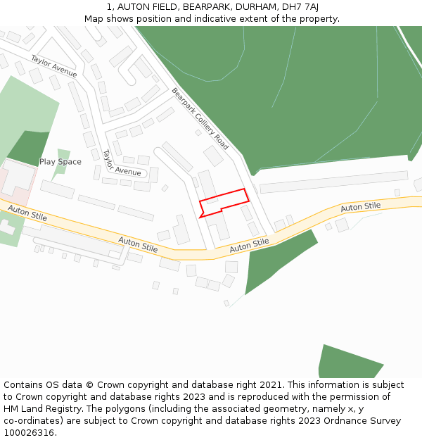 1, AUTON FIELD, BEARPARK, DURHAM, DH7 7AJ: Location map and indicative extent of plot