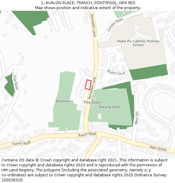 1, AVALON PLACE, TRANCH, PONTYPOOL, NP4 6ES: Location map and indicative extent of plot