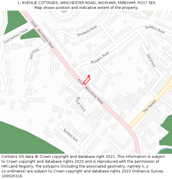 1, AVENUE COTTAGES, WINCHESTER ROAD, WICKHAM, FAREHAM, PO17 5EX: Location map and indicative extent of plot