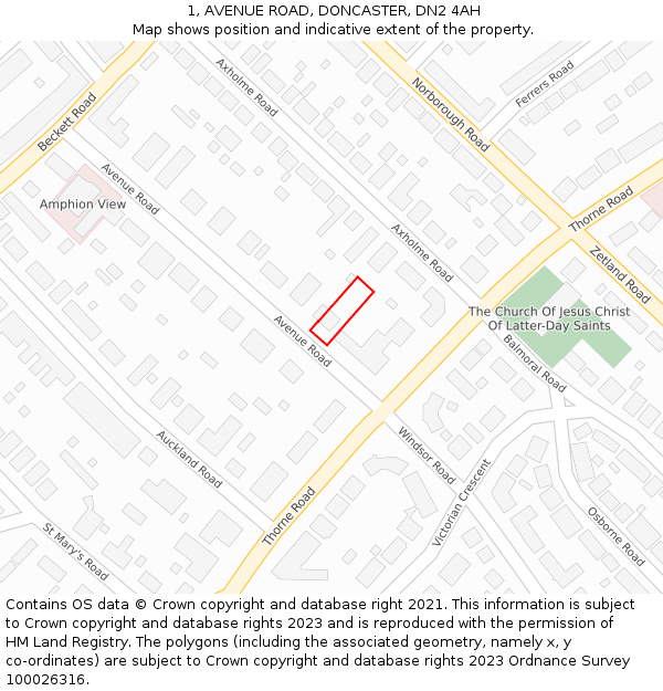 1, AVENUE ROAD, DONCASTER, DN2 4AH: Location map and indicative extent of plot