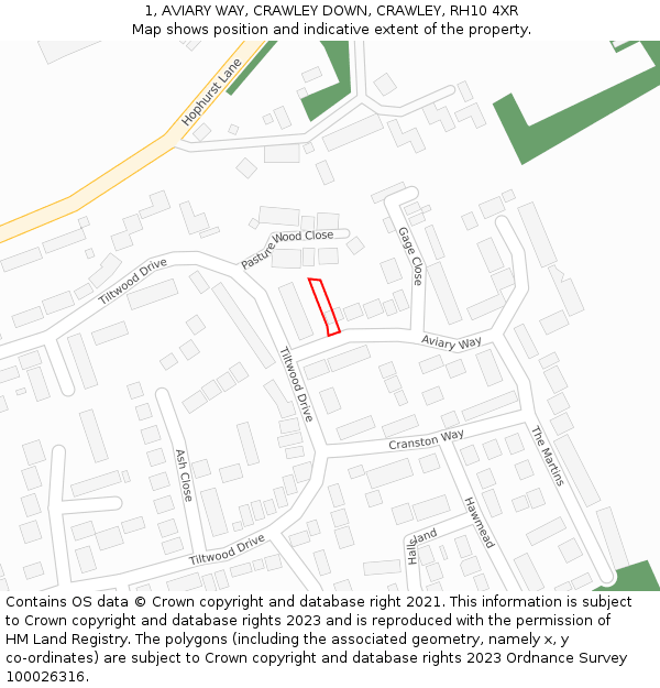 1, AVIARY WAY, CRAWLEY DOWN, CRAWLEY, RH10 4XR: Location map and indicative extent of plot