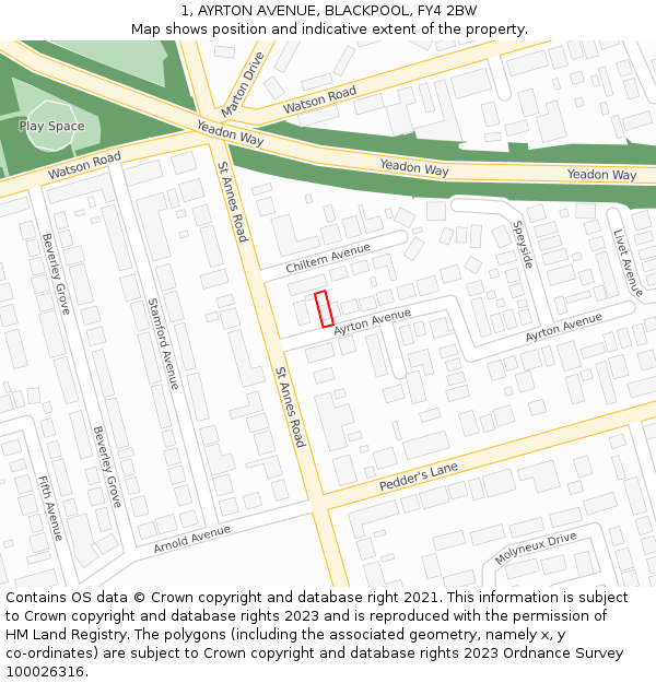 1, AYRTON AVENUE, BLACKPOOL, FY4 2BW: Location map and indicative extent of plot