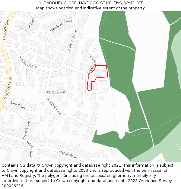 1, BADBURY CLOSE, HAYDOCK, ST HELENS, WA11 0FF: Location map and indicative extent of plot