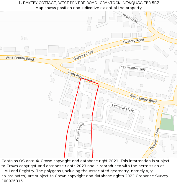 1, BAKERY COTTAGE, WEST PENTIRE ROAD, CRANTOCK, NEWQUAY, TR8 5RZ: Location map and indicative extent of plot