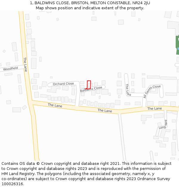 1, BALDWINS CLOSE, BRISTON, MELTON CONSTABLE, NR24 2JU: Location map and indicative extent of plot