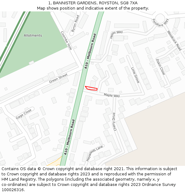 1, BANNISTER GARDENS, ROYSTON, SG8 7XA: Location map and indicative extent of plot