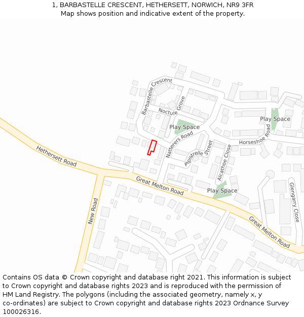 1, BARBASTELLE CRESCENT, HETHERSETT, NORWICH, NR9 3FR: Location map and indicative extent of plot