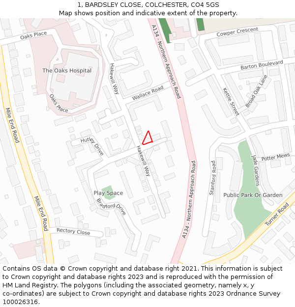 1, BARDSLEY CLOSE, COLCHESTER, CO4 5GS: Location map and indicative extent of plot