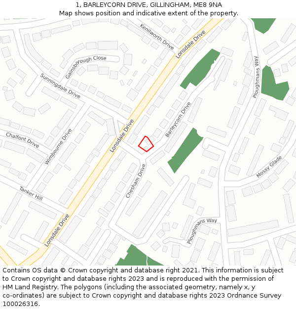1, BARLEYCORN DRIVE, GILLINGHAM, ME8 9NA: Location map and indicative extent of plot