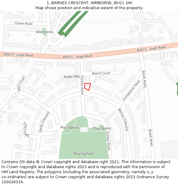 1, BARNES CRESCENT, WIMBORNE, BH21 2AY: Location map and indicative extent of plot