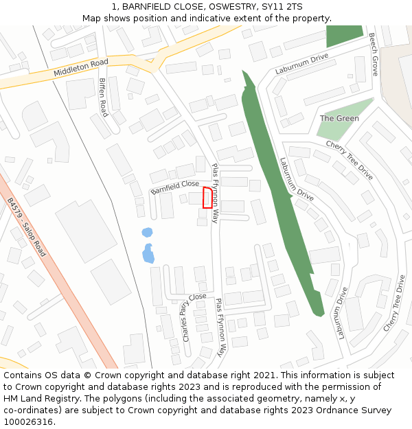 1, BARNFIELD CLOSE, OSWESTRY, SY11 2TS: Location map and indicative extent of plot