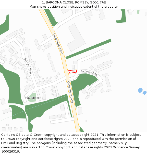 1, BAROONA CLOSE, ROMSEY, SO51 7AE: Location map and indicative extent of plot