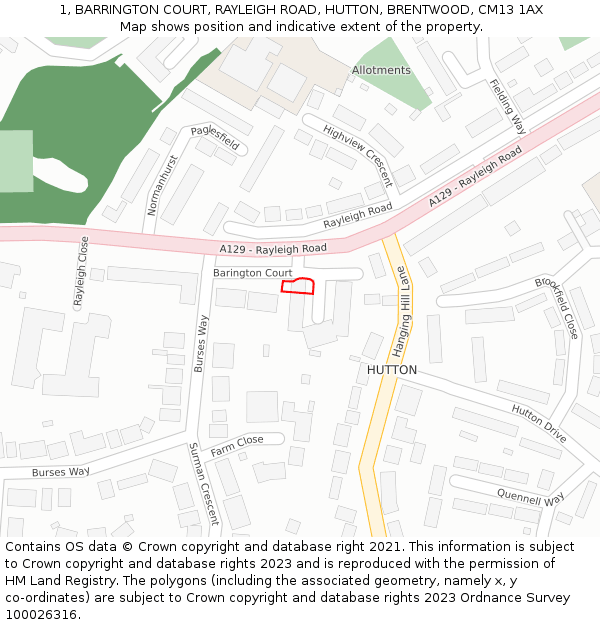 1, BARRINGTON COURT, RAYLEIGH ROAD, HUTTON, BRENTWOOD, CM13 1AX: Location map and indicative extent of plot