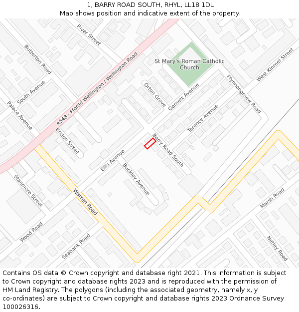 1, BARRY ROAD SOUTH, RHYL, LL18 1DL: Location map and indicative extent of plot