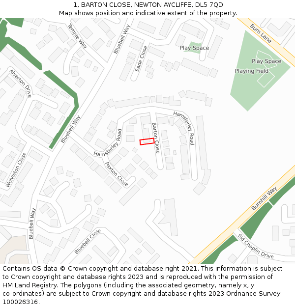 1, BARTON CLOSE, NEWTON AYCLIFFE, DL5 7QD: Location map and indicative extent of plot