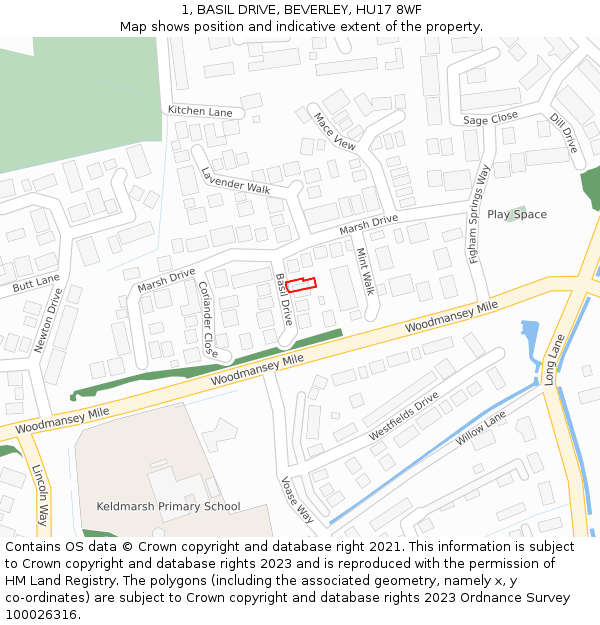 1, BASIL DRIVE, BEVERLEY, HU17 8WF: Location map and indicative extent of plot