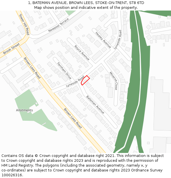 1, BATEMAN AVENUE, BROWN LEES, STOKE-ON-TRENT, ST8 6TD: Location map and indicative extent of plot