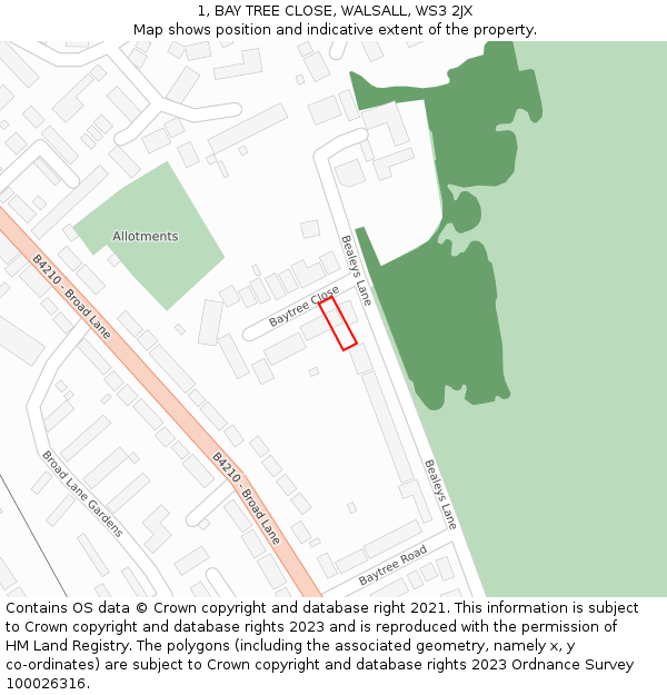1, BAY TREE CLOSE, WALSALL, WS3 2JX: Location map and indicative extent of plot
