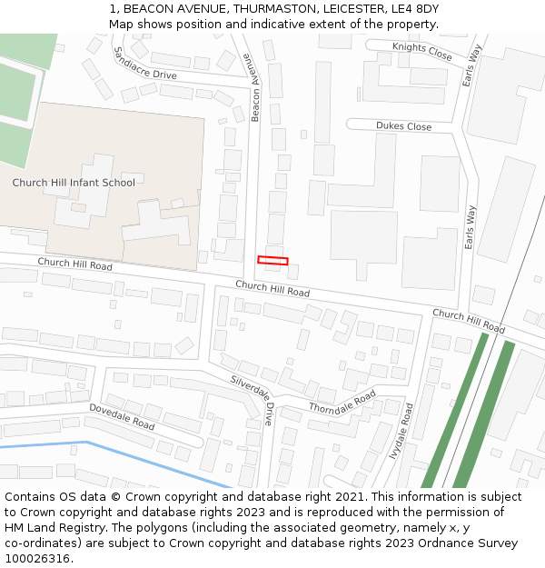 1, BEACON AVENUE, THURMASTON, LEICESTER, LE4 8DY: Location map and indicative extent of plot