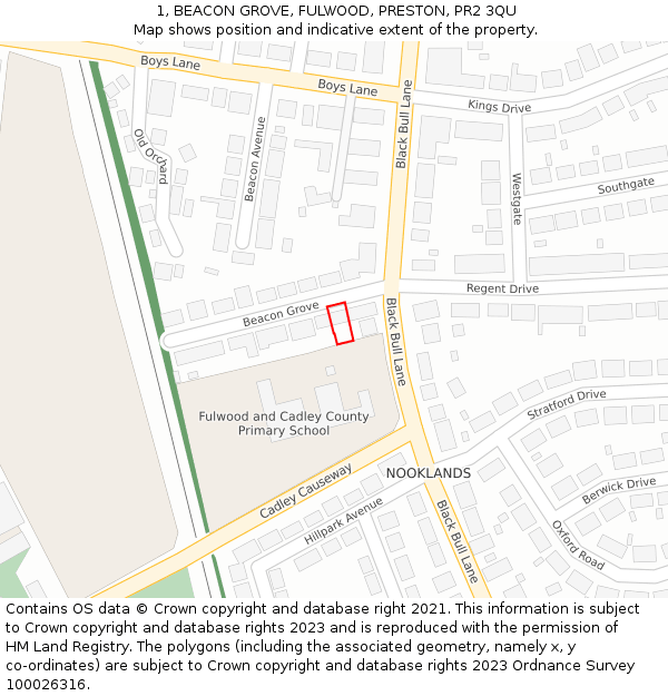 1, BEACON GROVE, FULWOOD, PRESTON, PR2 3QU: Location map and indicative extent of plot