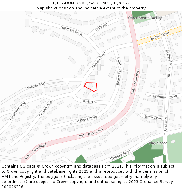 1, BEADON DRIVE, SALCOMBE, TQ8 8NU: Location map and indicative extent of plot