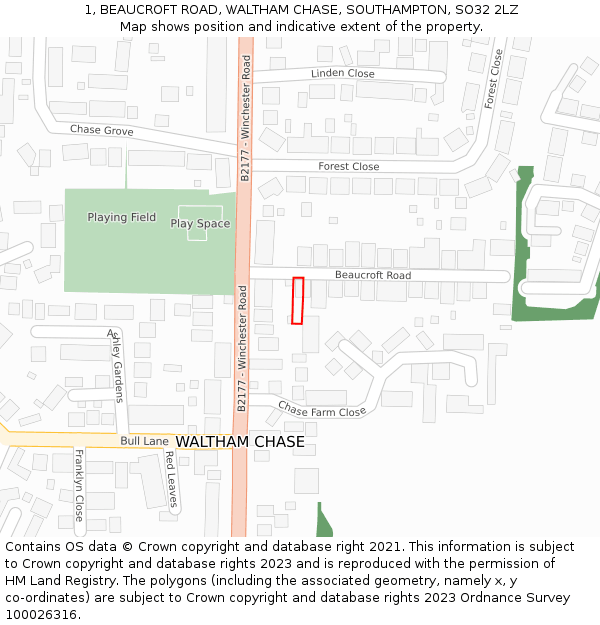 1, BEAUCROFT ROAD, WALTHAM CHASE, SOUTHAMPTON, SO32 2LZ: Location map and indicative extent of plot