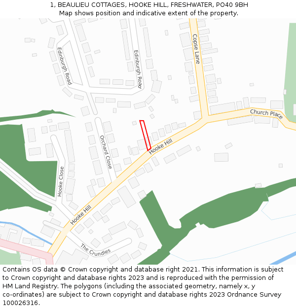 1, BEAULIEU COTTAGES, HOOKE HILL, FRESHWATER, PO40 9BH: Location map and indicative extent of plot