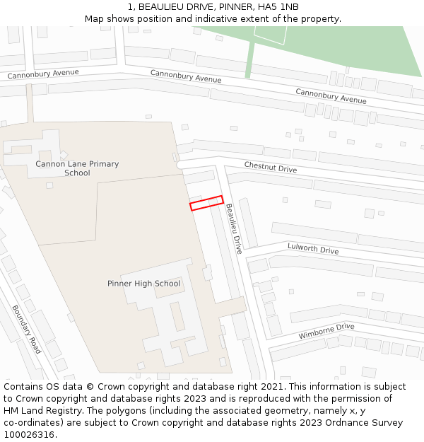 1, BEAULIEU DRIVE, PINNER, HA5 1NB: Location map and indicative extent of plot