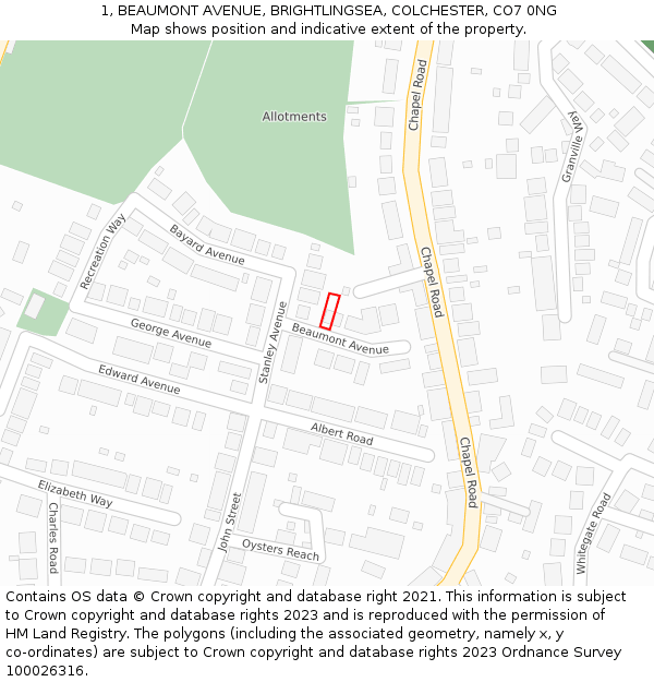 1, BEAUMONT AVENUE, BRIGHTLINGSEA, COLCHESTER, CO7 0NG: Location map and indicative extent of plot