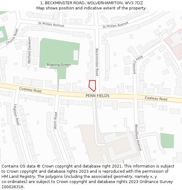 1, BECKMINSTER ROAD, WOLVERHAMPTON, WV3 7DZ: Location map and indicative extent of plot