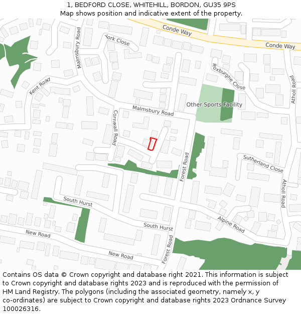 1, BEDFORD CLOSE, WHITEHILL, BORDON, GU35 9PS: Location map and indicative extent of plot