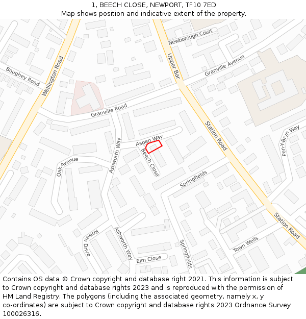 1, BEECH CLOSE, NEWPORT, TF10 7ED: Location map and indicative extent of plot