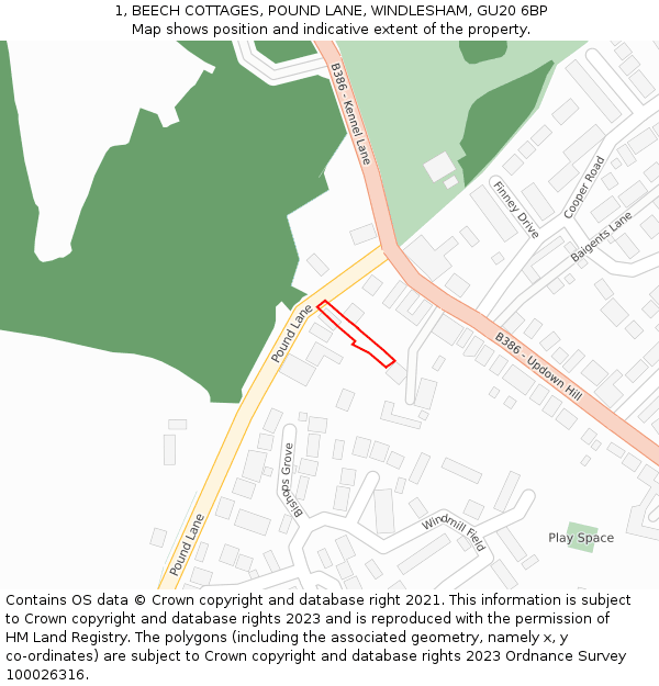 1, BEECH COTTAGES, POUND LANE, WINDLESHAM, GU20 6BP: Location map and indicative extent of plot