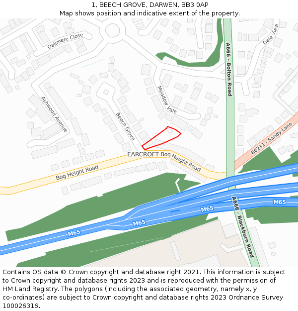 1, BEECH GROVE, DARWEN, BB3 0AP: Location map and indicative extent of plot