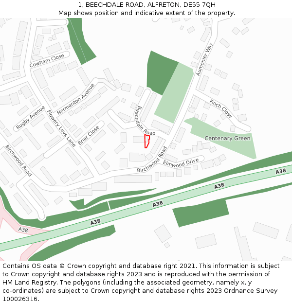 1, BEECHDALE ROAD, ALFRETON, DE55 7QH: Location map and indicative extent of plot