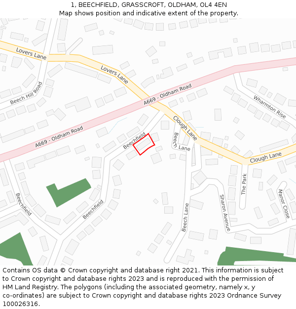 1, BEECHFIELD, GRASSCROFT, OLDHAM, OL4 4EN: Location map and indicative extent of plot