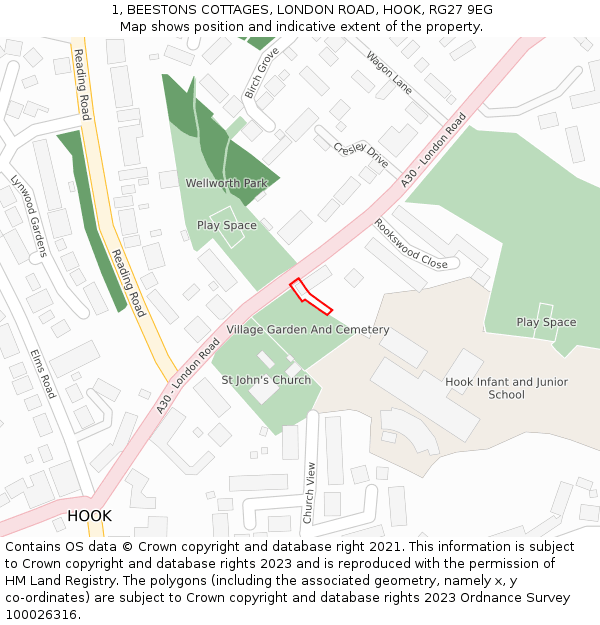 1, BEESTONS COTTAGES, LONDON ROAD, HOOK, RG27 9EG: Location map and indicative extent of plot