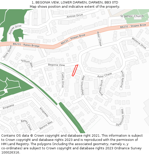 1, BEGONIA VIEW, LOWER DARWEN, DARWEN, BB3 0TD: Location map and indicative extent of plot