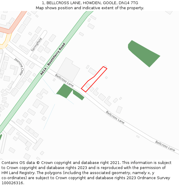 1, BELLCROSS LANE, HOWDEN, GOOLE, DN14 7TG: Location map and indicative extent of plot