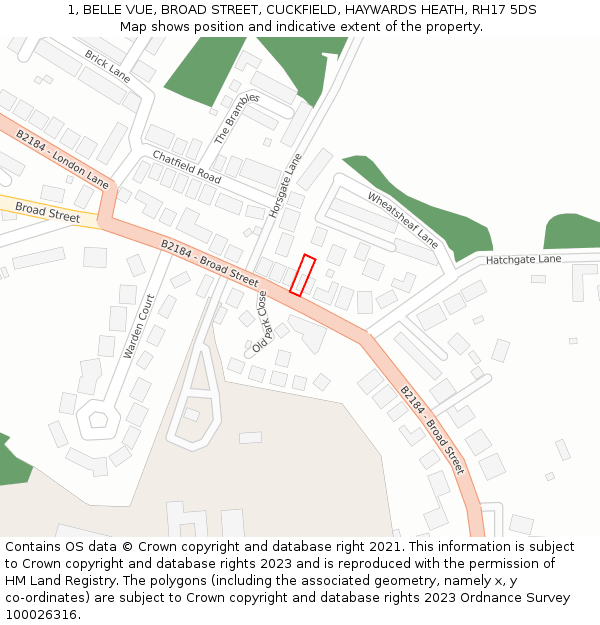 1, BELLE VUE, BROAD STREET, CUCKFIELD, HAYWARDS HEATH, RH17 5DS: Location map and indicative extent of plot