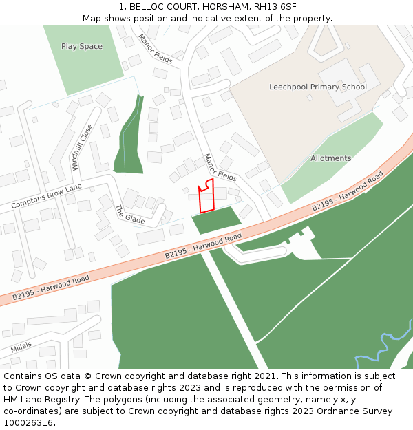 1, BELLOC COURT, HORSHAM, RH13 6SF: Location map and indicative extent of plot