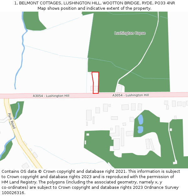 1, BELMONT COTTAGES, LUSHINGTON HILL, WOOTTON BRIDGE, RYDE, PO33 4NR: Location map and indicative extent of plot