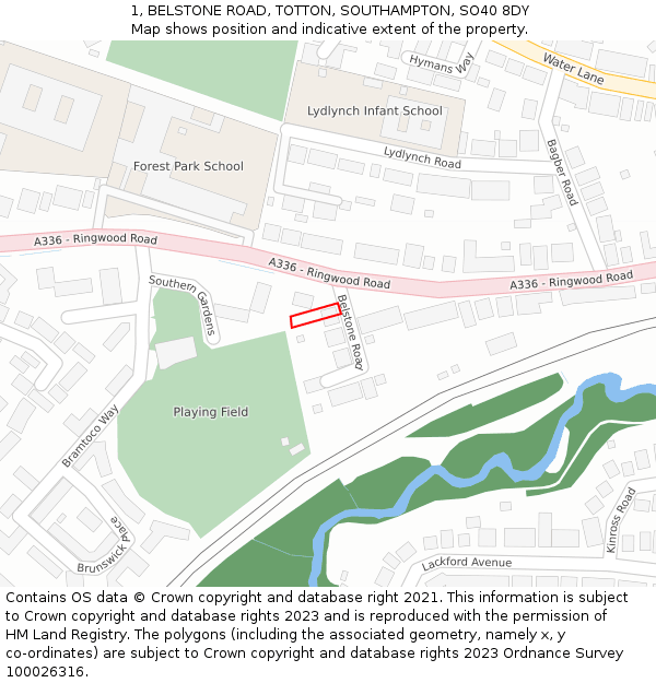 1, BELSTONE ROAD, TOTTON, SOUTHAMPTON, SO40 8DY: Location map and indicative extent of plot